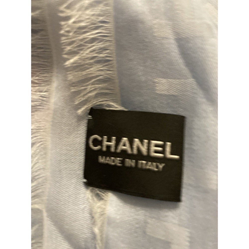 Chanel Scarf Wrap Silk Cashmere Light Blue Spell Out Binary Numbers Fringe 56x56 - Picture 4 of 7